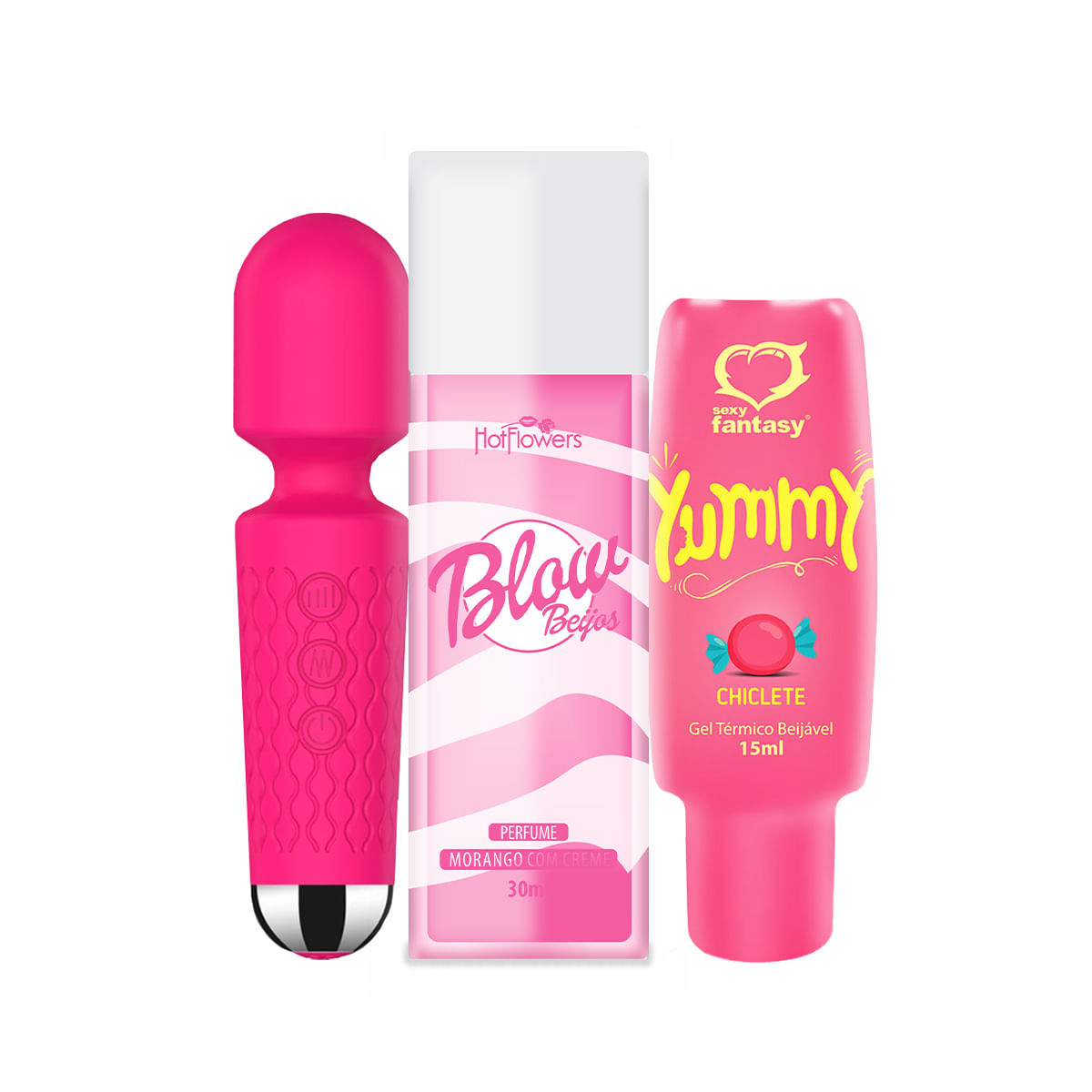 Kit com Blow Girl Beijos Perfume Mini Toy Vibrador Varinha Mágica e Yummy Gel Térmico Beijável