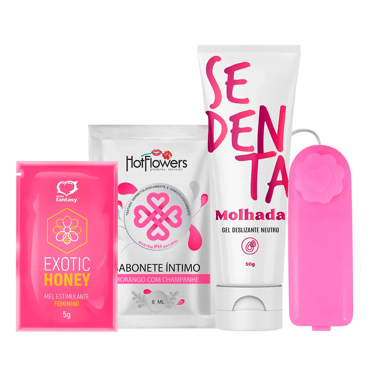 Kit com Sedenta Molhada Sabonete Íntimo de Morango Exotic Honey e Bullet Vibro Ó