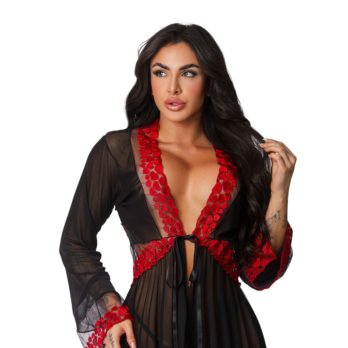 Robe Chamas do Prazer de Tule Corações Bordados com Persex Personalizável Tallyta Moda Apimentada