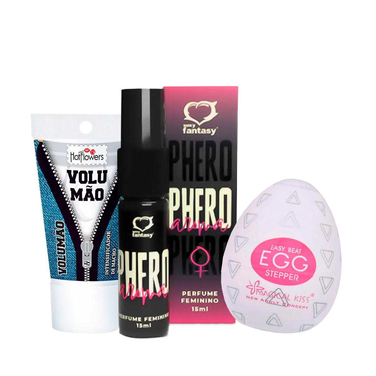 Kit com Perfume Phero Aroma Feminino Egg Stepper e Volumão Gel Excitante