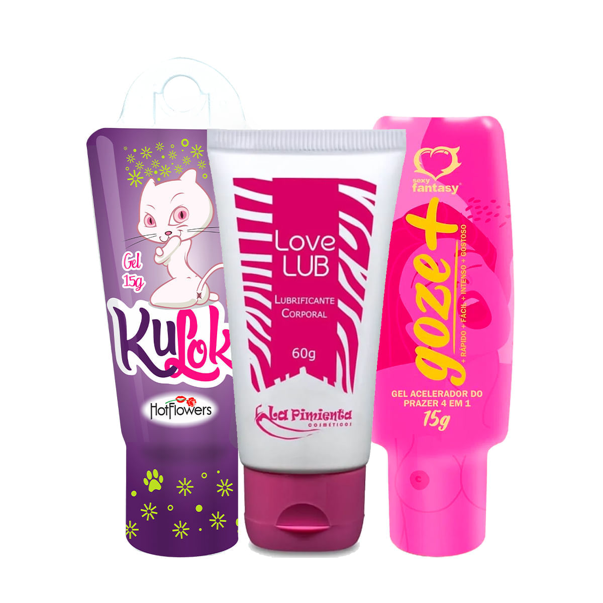 Kit com Love Lub Lubrificante Corporal Neutro Kuloko Gel Dessensibilizante e Goze +