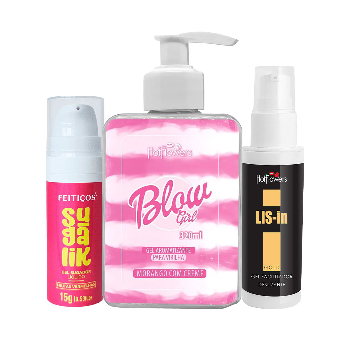 Kit com Sugalik Sugador Líquido Comestível Blow Girl Gel Beijável e LIS-In Dessensibilizante Anal