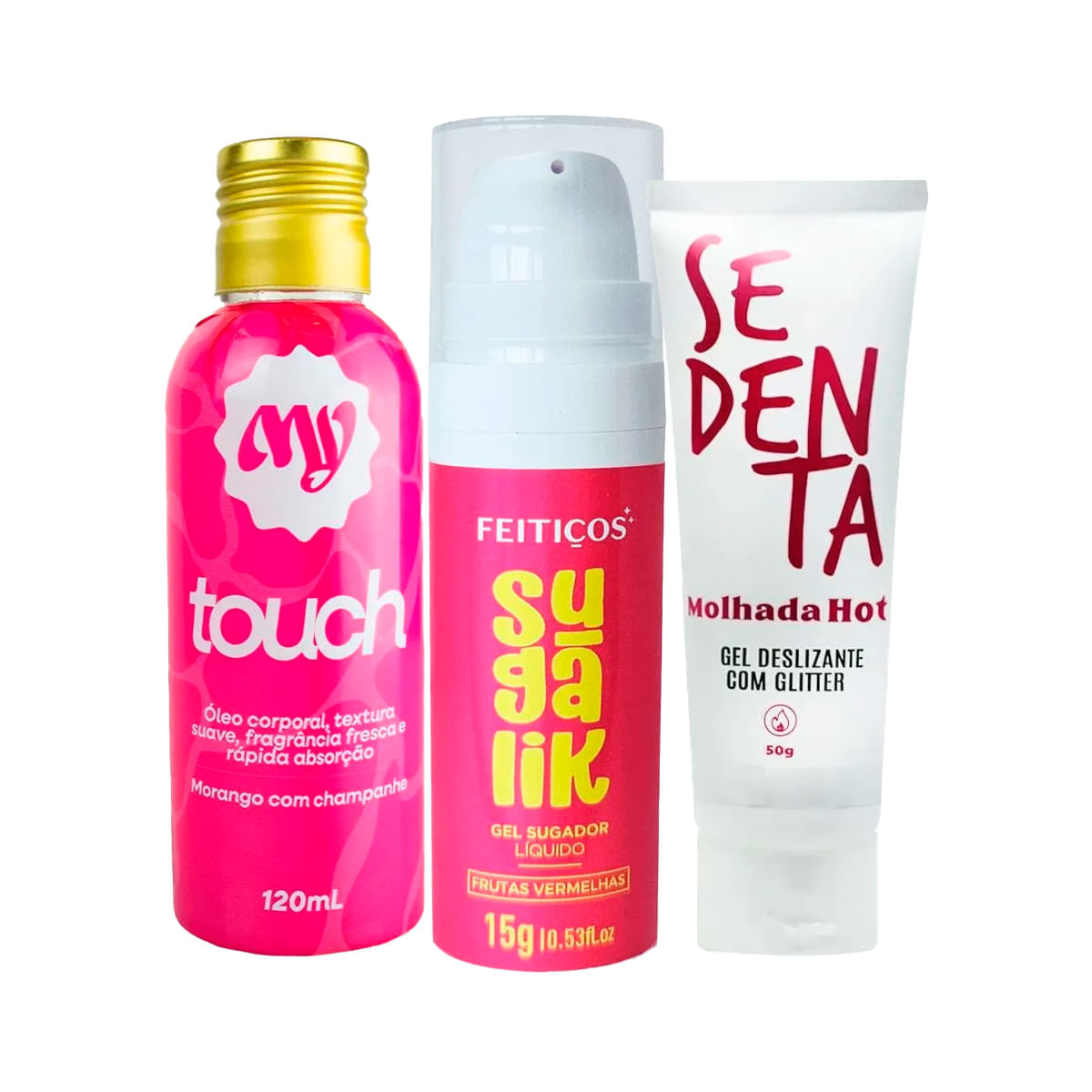 Kit com Sedenta Molhada Gel Deslizante Sugalik Sugador Líquido Comestível e MyTouch Óleo Corporal