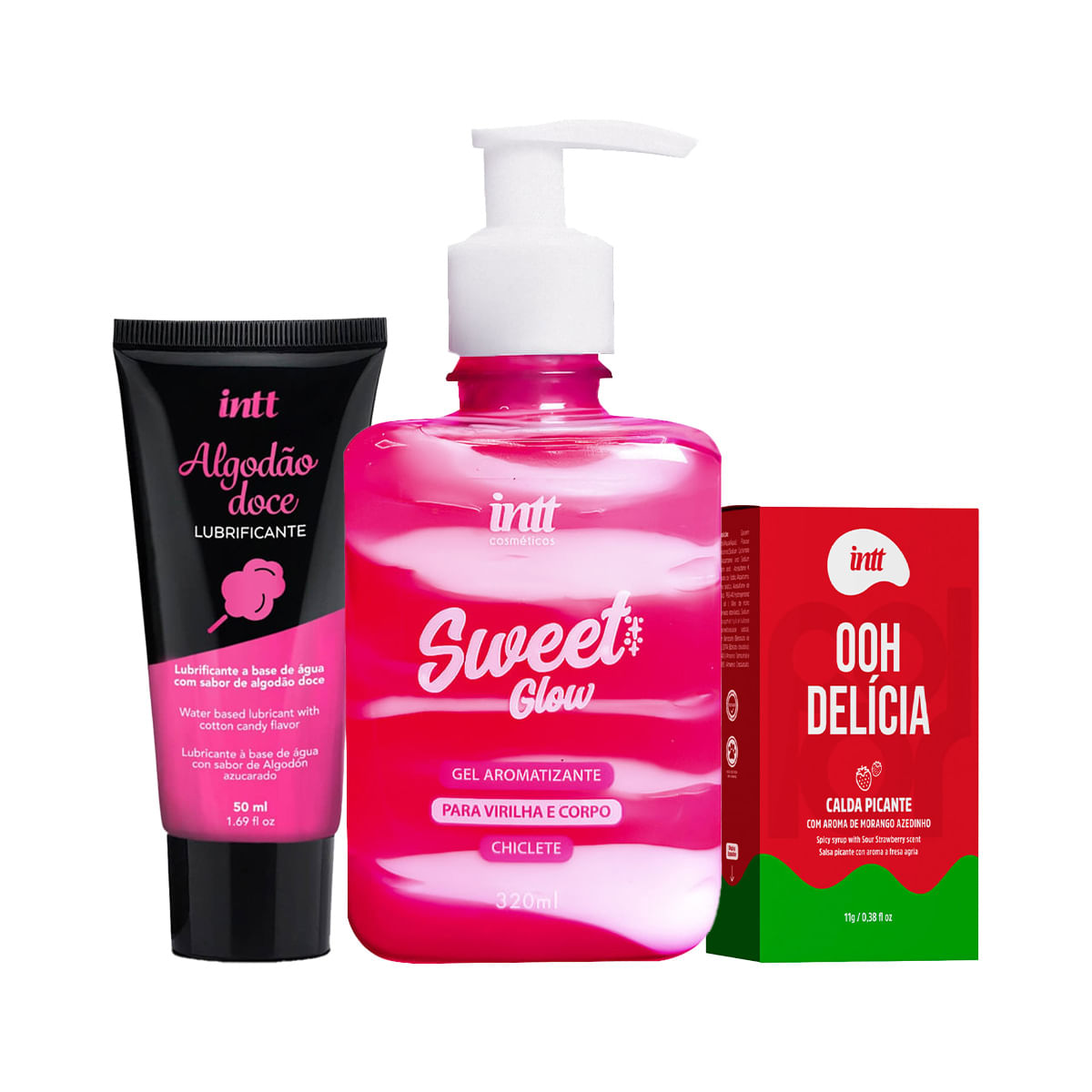 Kit com OOH Delícia Calda Picante Gel Hidratante Sweet Glow Chiclete e Lubrificante Algodão Doce
