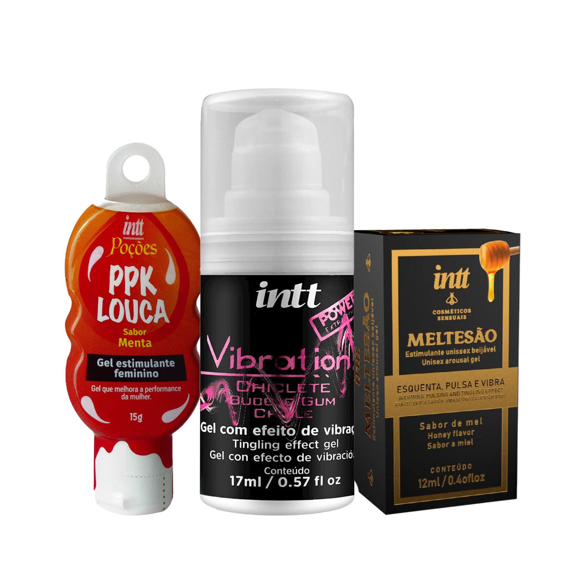 Kit com Meltesão Estimulante Unissex Vibration Gel Excitante  e PPK Louca Gel Estimulante Feminino