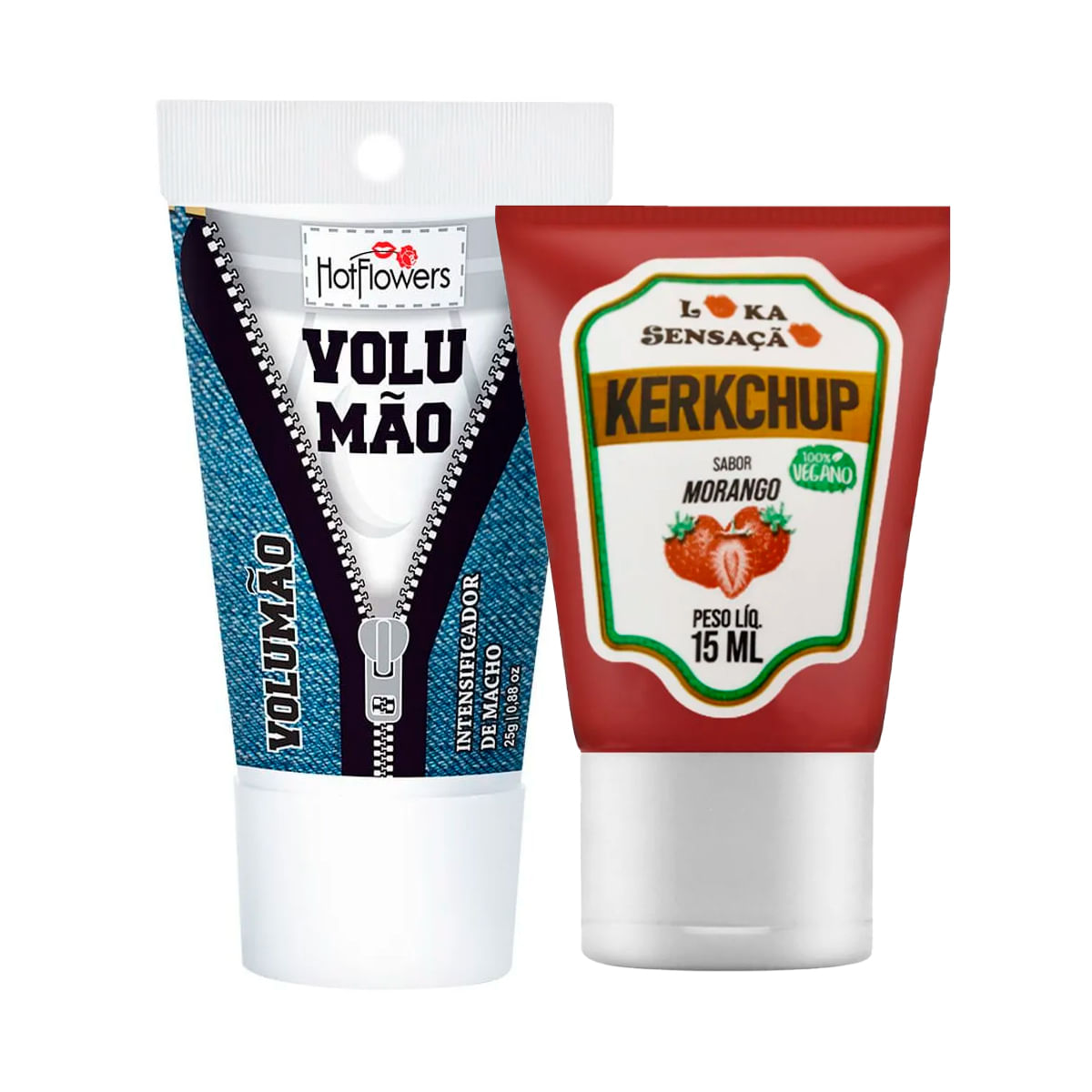 Duplinha com Volumão Gel Excitante Masculino e Kerkchup Bala Gel Sabor Morango