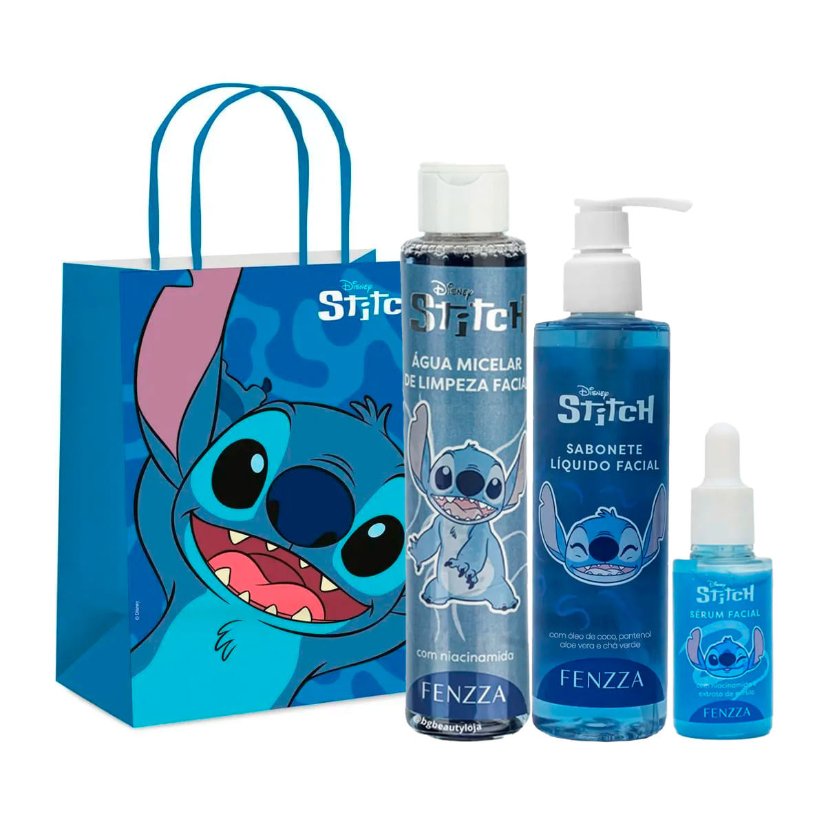 Kit Temático Stitch com Água Micelar de Limpeza Facial Sabonete Líquido Facial e Sérum Facial