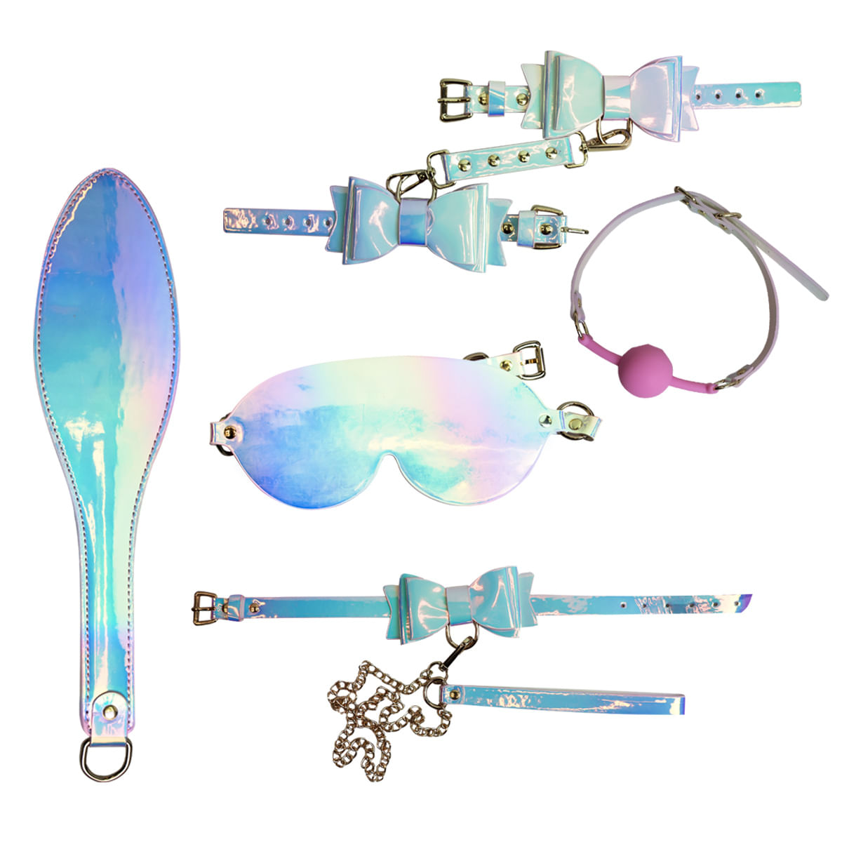 Kit Sado Shiny com Venda Mordaça Algemas Coleira e Palmatória Sexy Import