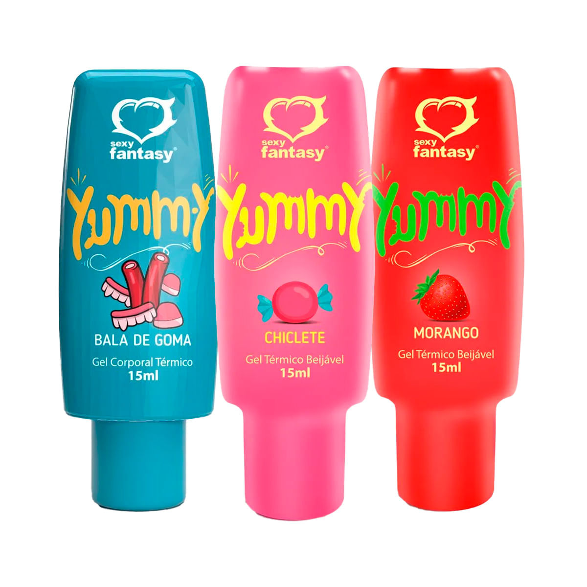 Kit com 3 Yummy Gel Térmico Beijável Sobores Morango Bala de Goma e Morango