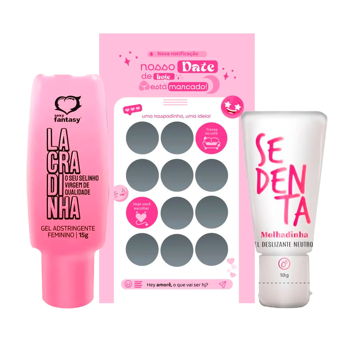 Kit com Lacradinha Gel Adstringente Feminino Raspadinha Nosso Date e Sedenta Molhadinha