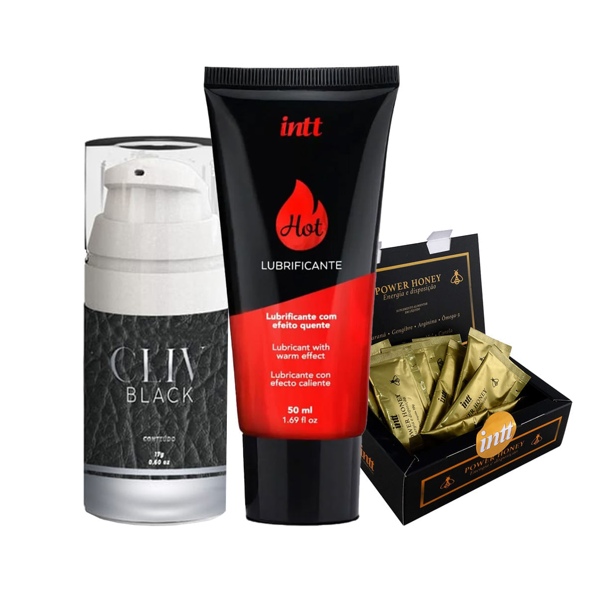 Kit com Power Honey Lubrificante Hot e Gel Facilitador Anal Cliv Black