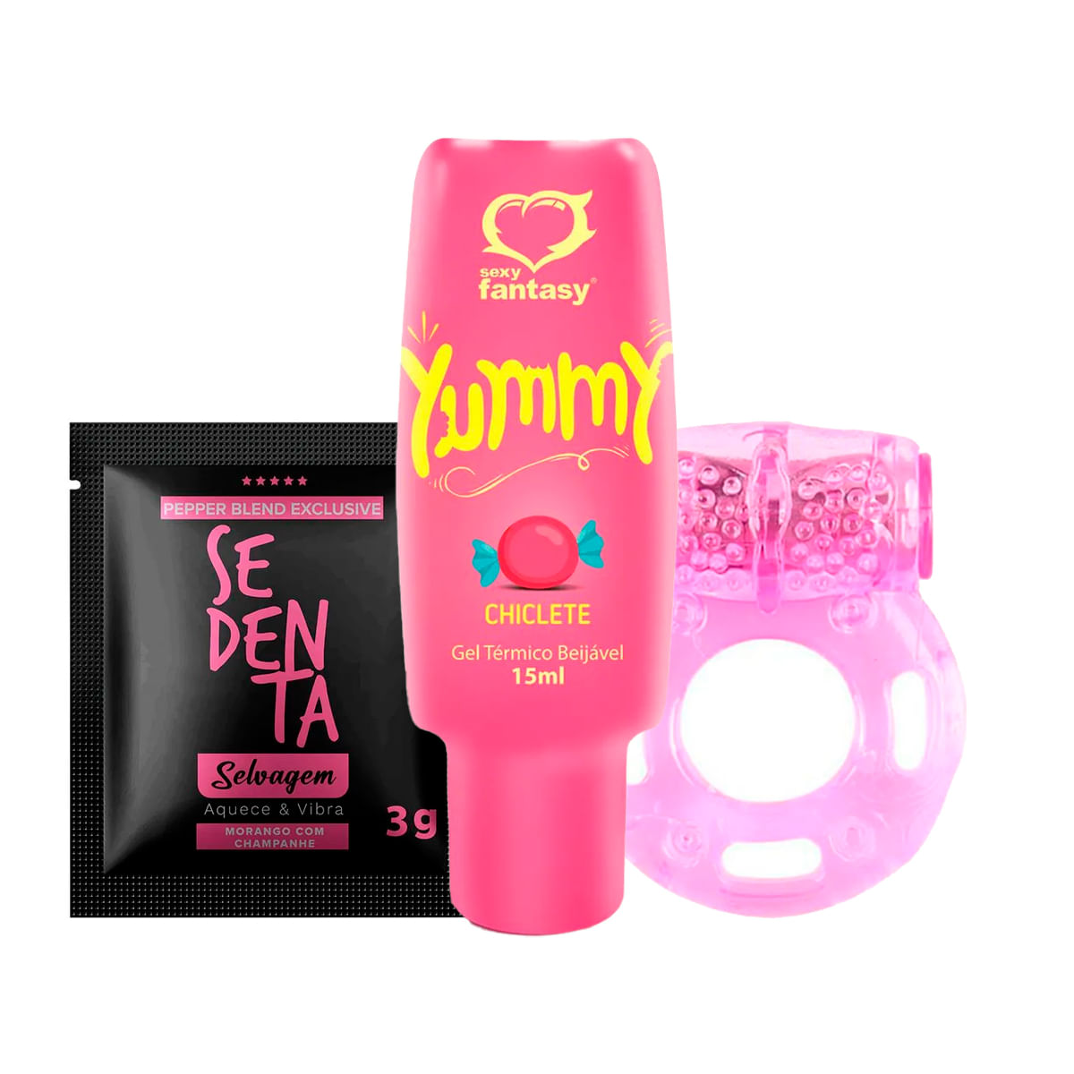 Kit com Yummy Gel Térmico Beijável Sachê Sedenta Selvagem e Anel Peniano Vibrador