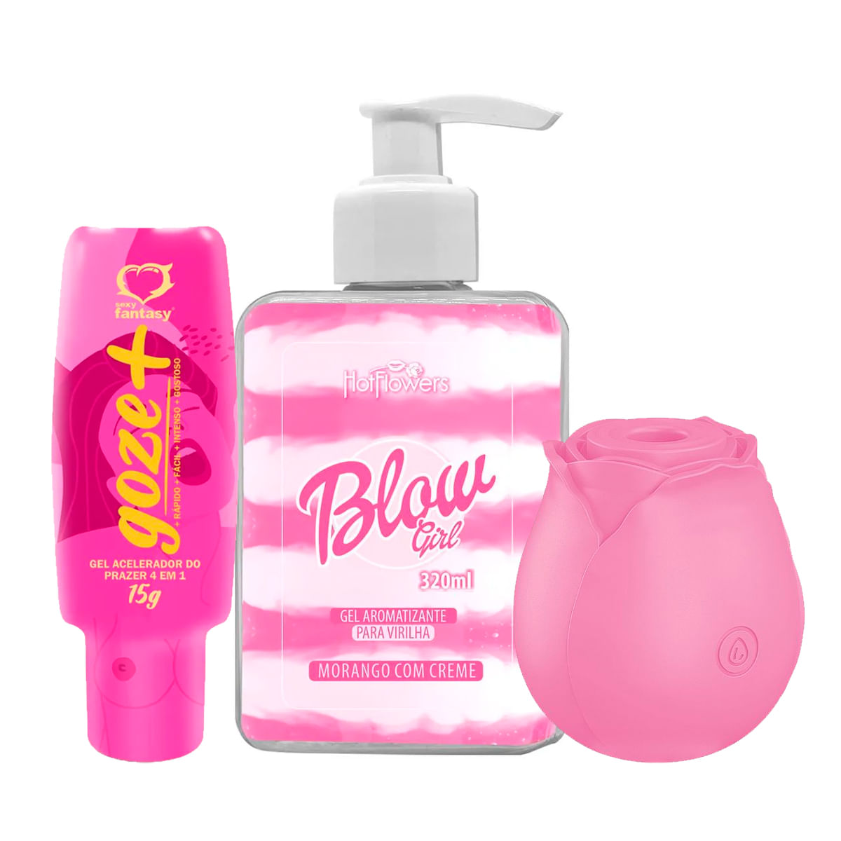 Kit com Blow Girl Gel Aromatizante Beijável Goze + Gel Acelerador do Prazer e Rosa Estimuladora