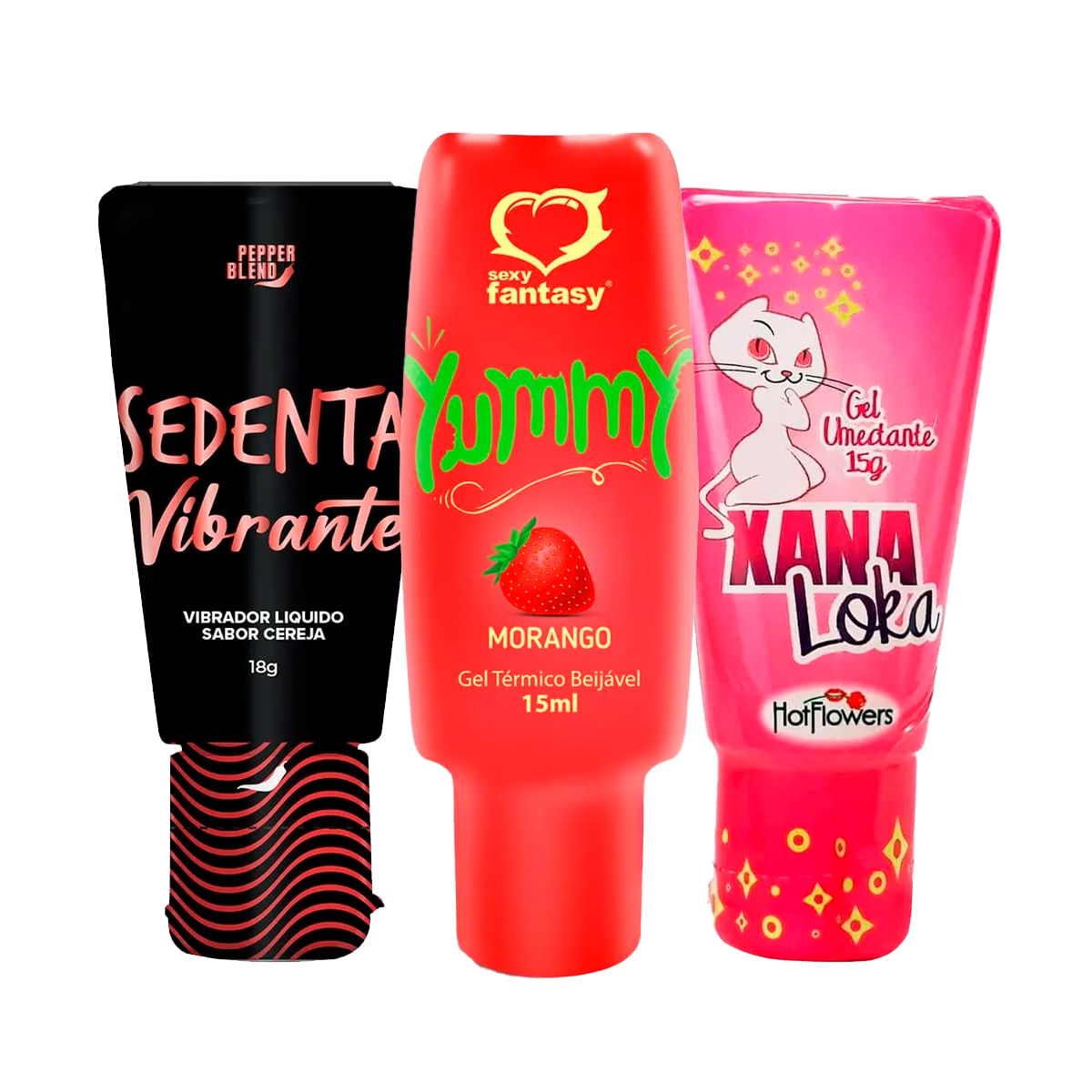 Kit com Sedenta Vibrante Vibrador Líquido Yummy Gel Térmico Beijável e Xana Loka Excitante Feminino