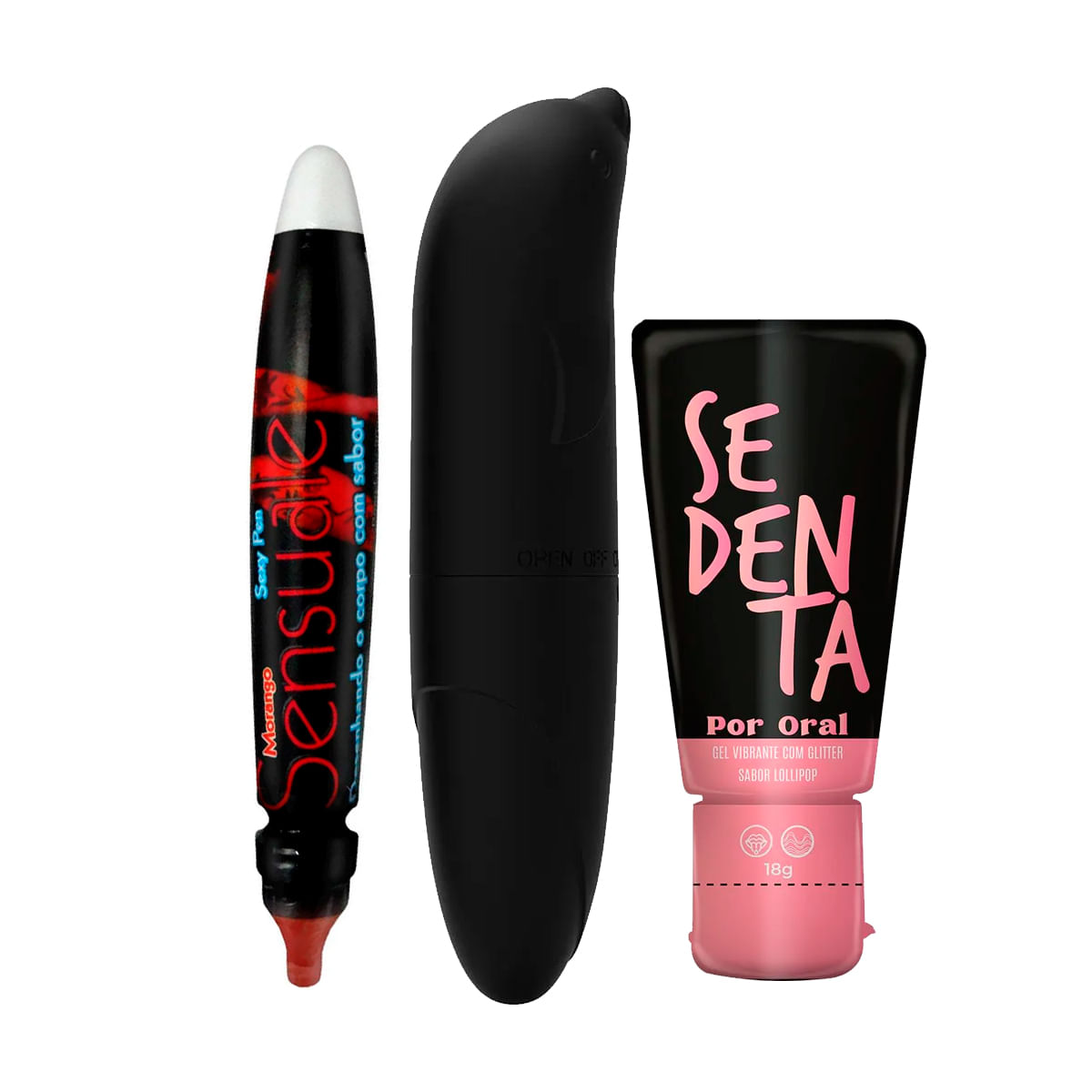 Kit com Sedenta por Oral Gel Comestível Caneta Sensuale Sexy Pen e Vibrador Ponto G Golfinho