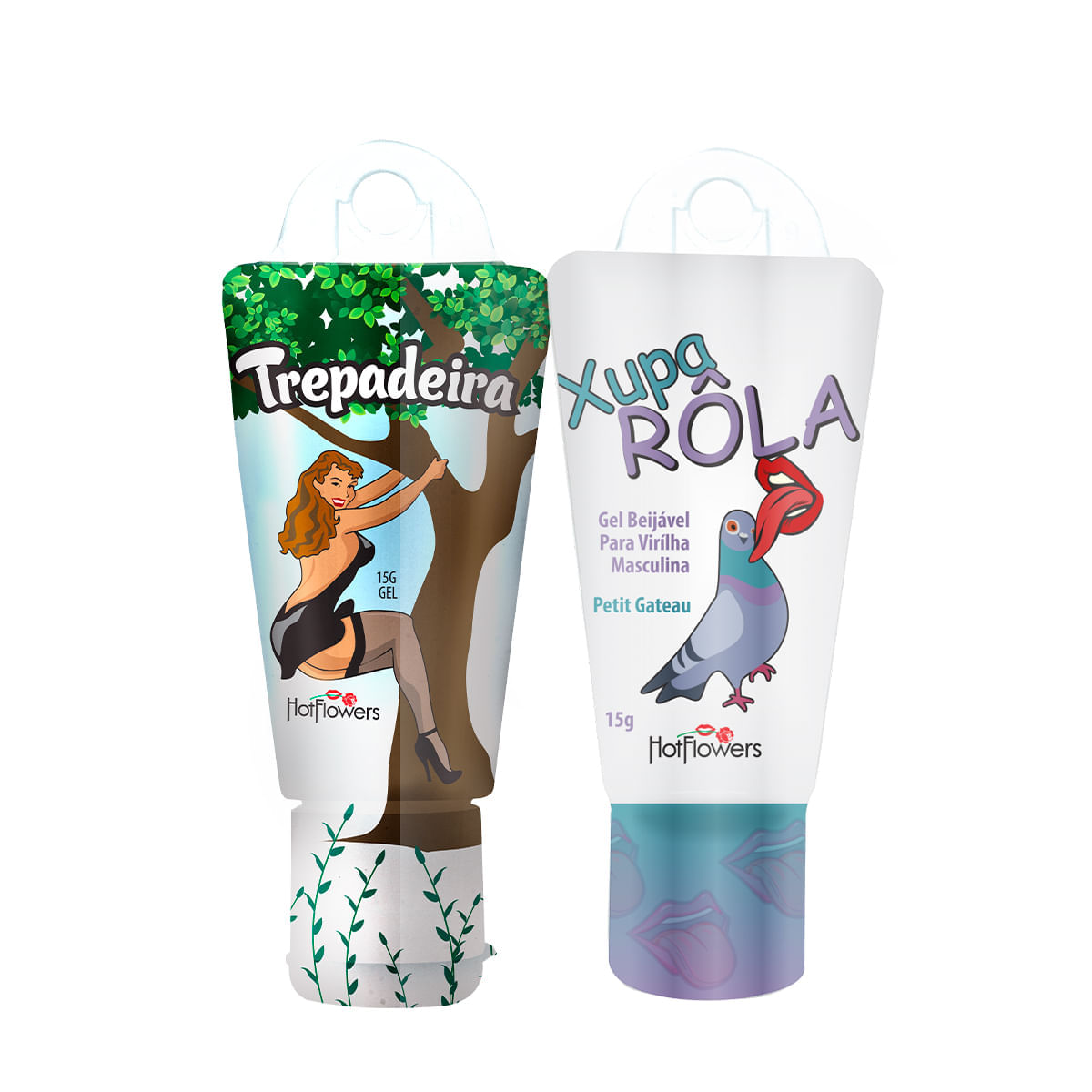 Duplinha com Trepadeira Gel Excitante Feminino e Xupa Rola Gel Masculino para Sexo Oral