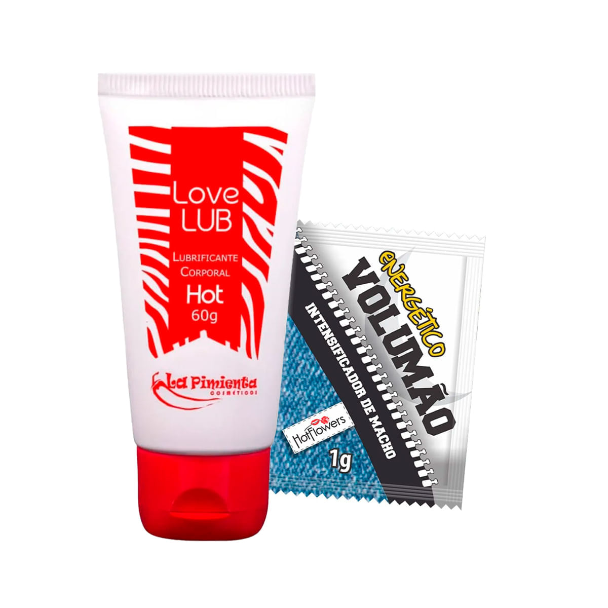 Duplinha com Energético Volumão Excitante Masculino e Love Lub Hot Lubrificante Corporal