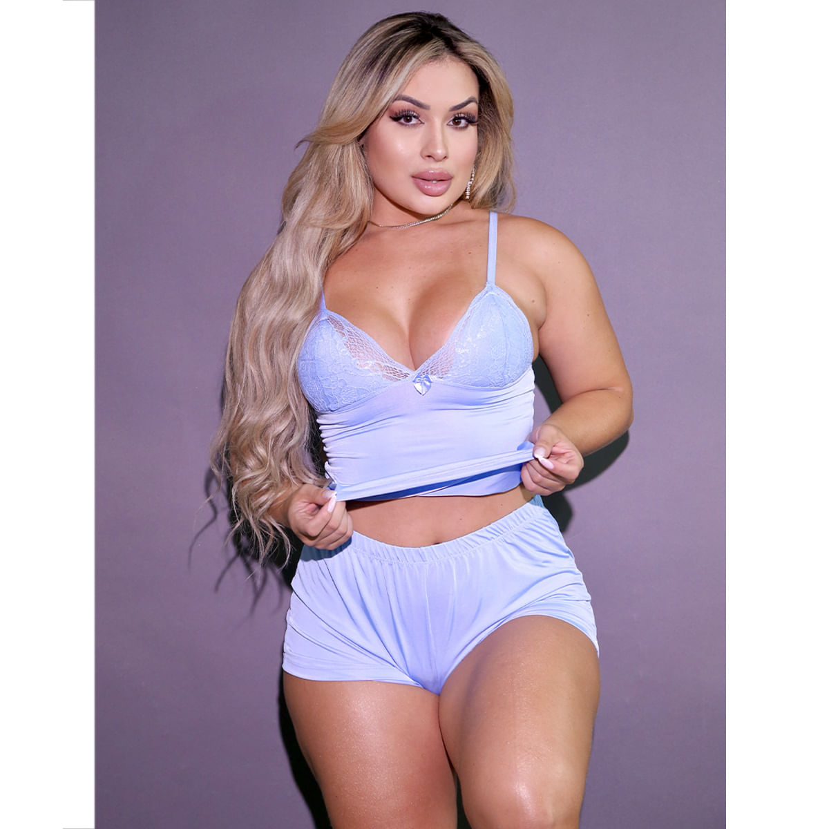 Pijama Flanelado com Shorts e Regata Cropped Rendada Hot Love