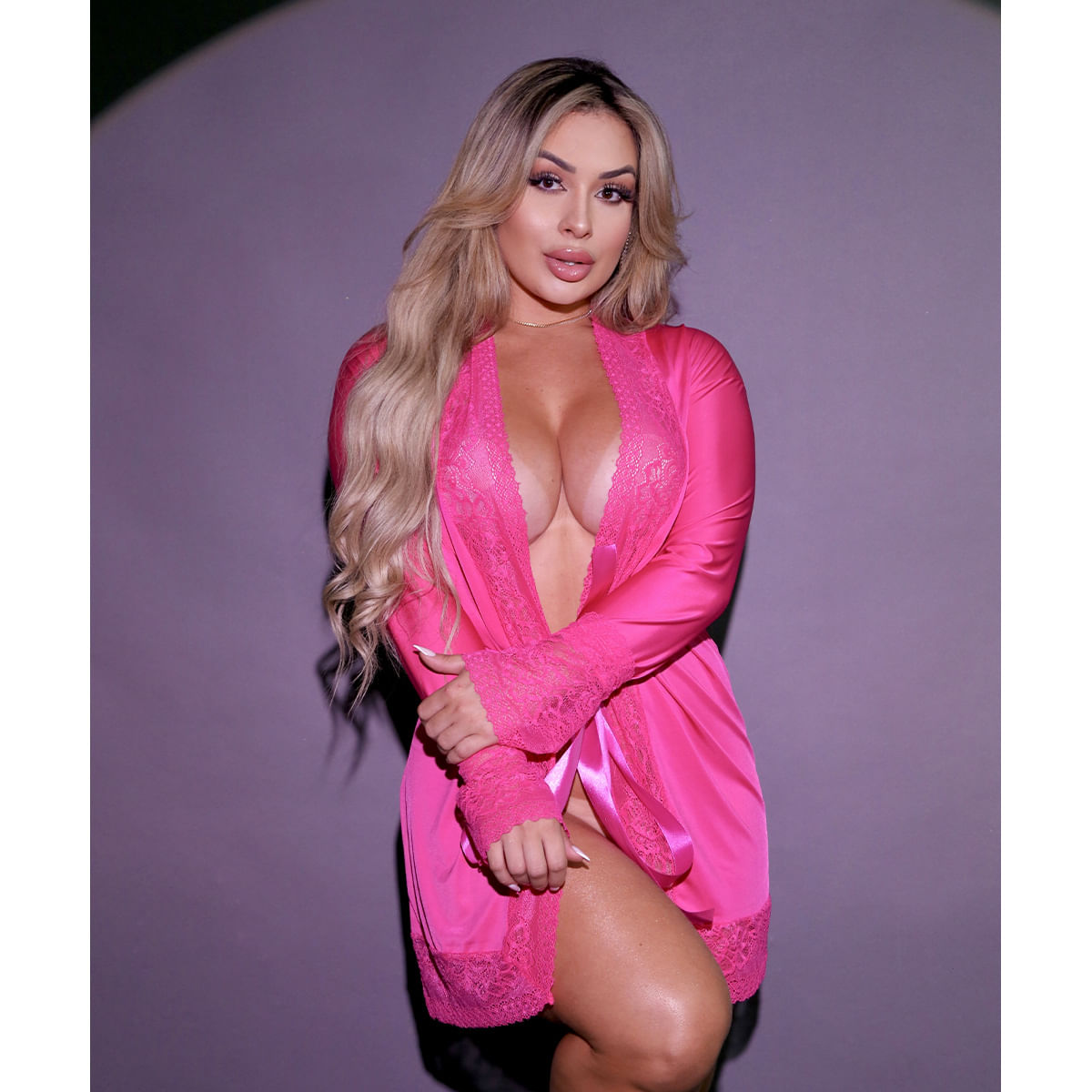 Robe Manga Longa em Microfibra Rendado com laço Hot Love