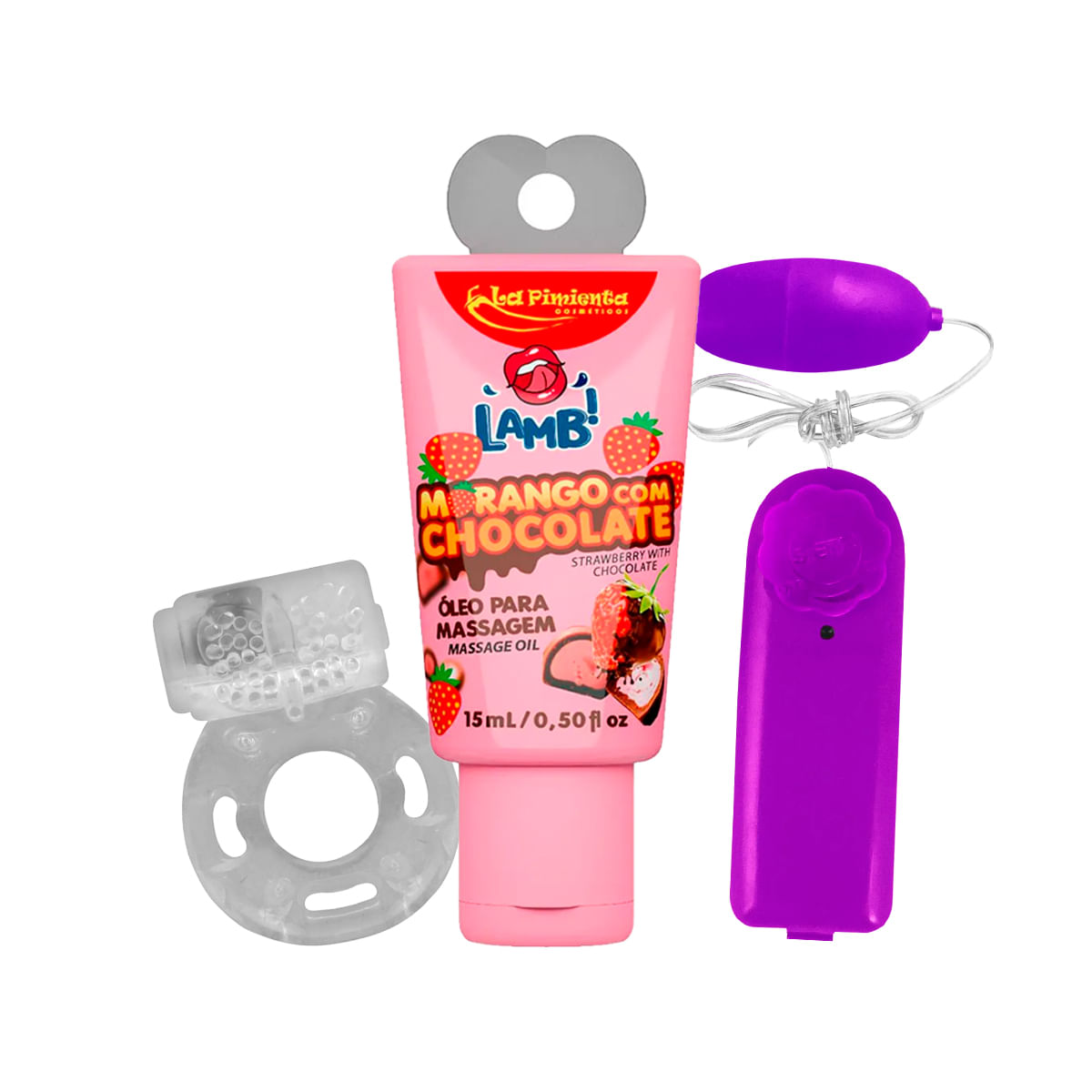 Kit com Lamb Óleo para Massagem Anel Peniano com Vibrador e Bullet Vibro Ó