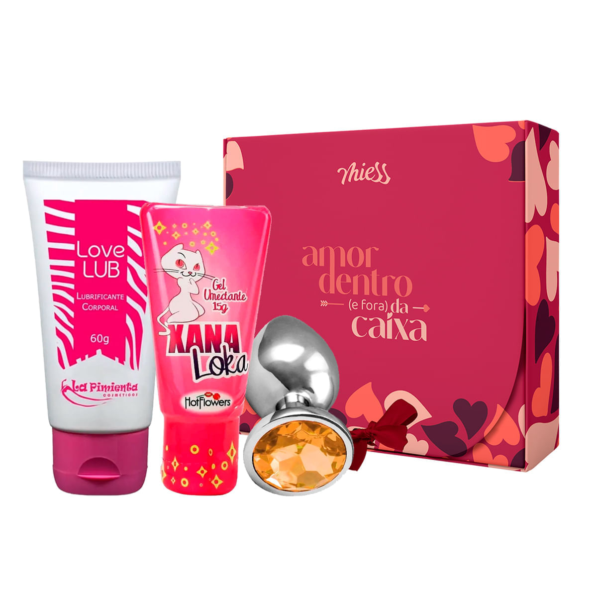 Kit com Xana Loka Love Lub Lubrificante Neutro Plug Anal M e Caixa Amor Dentro e Fora da Caixa