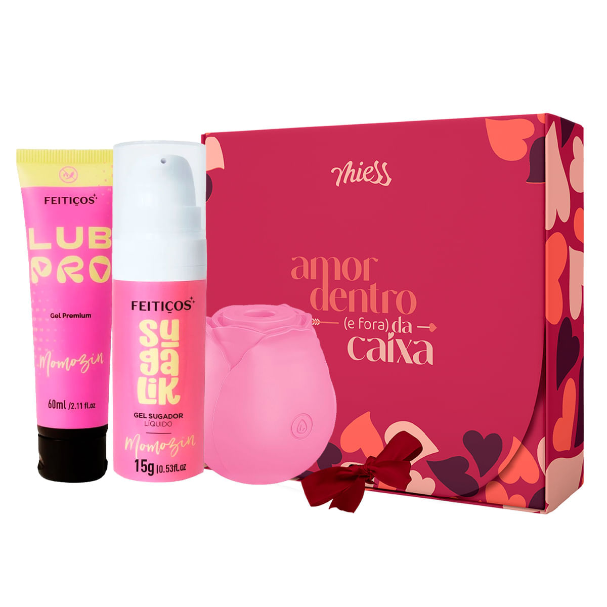 Kit com Sugalik Momozin LubPro Momozin Rosa Estimuladora e Caixa Amor Dentro e Fora da Caixa