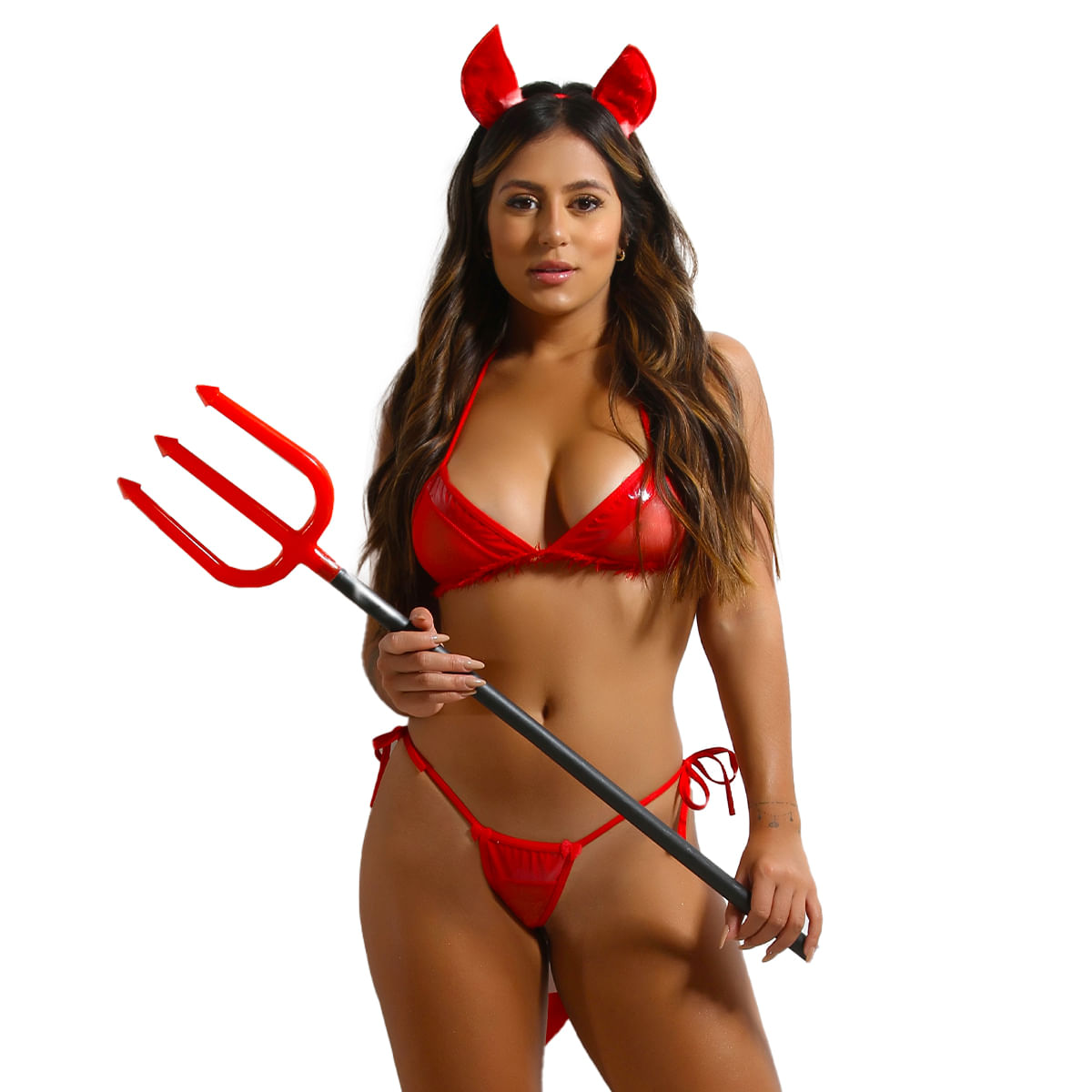 Mini Fantasia Diabinha com Sutiã Calcinha Fio Dental e Chifrinhos