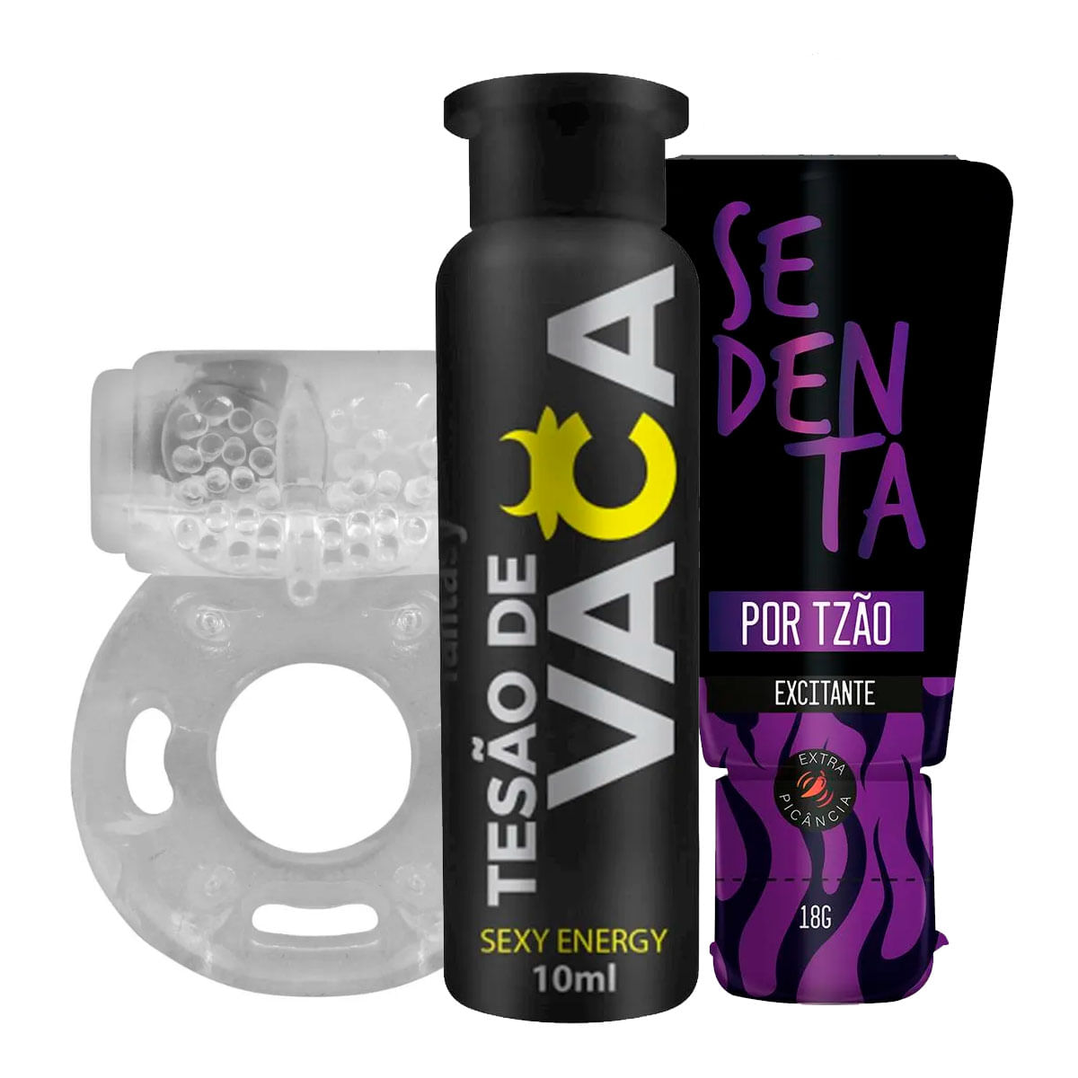 Kit com Tesão de Vaca Afrodisíaco Anel Peniano Vibrador e Sedenta por Tesão Excitante Picante