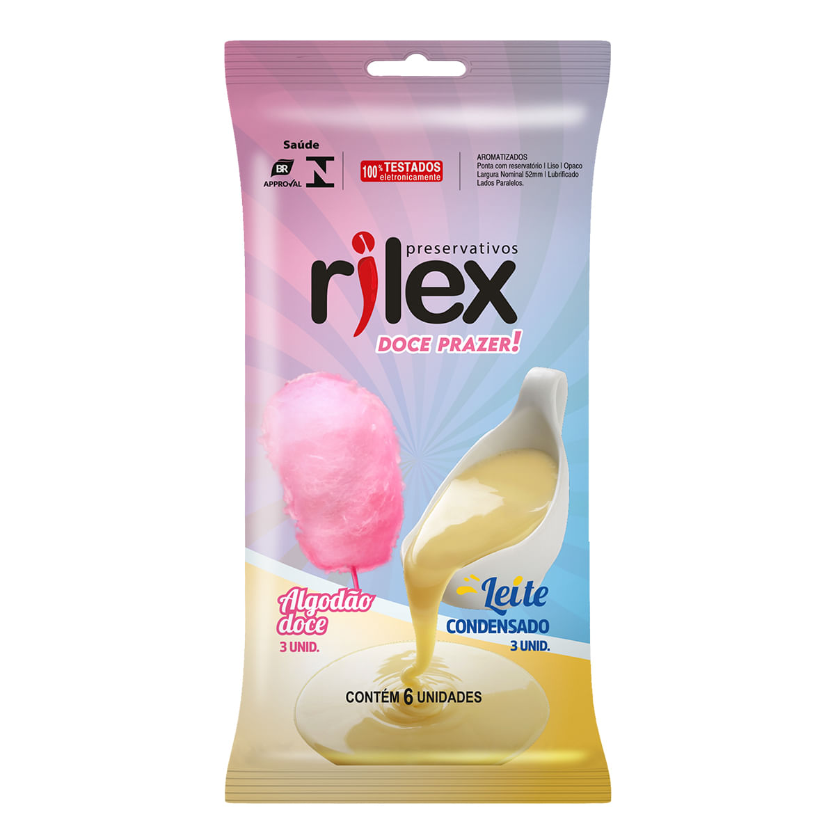 Kit Preservativo Lubrificado com 6 unidades Aroma de Algodão Doce e Leite Condensado Rilex Kit Preservativo Lubrificado com 6 unidades Aroma de Algodão Doce e Leite Condensado Rilex