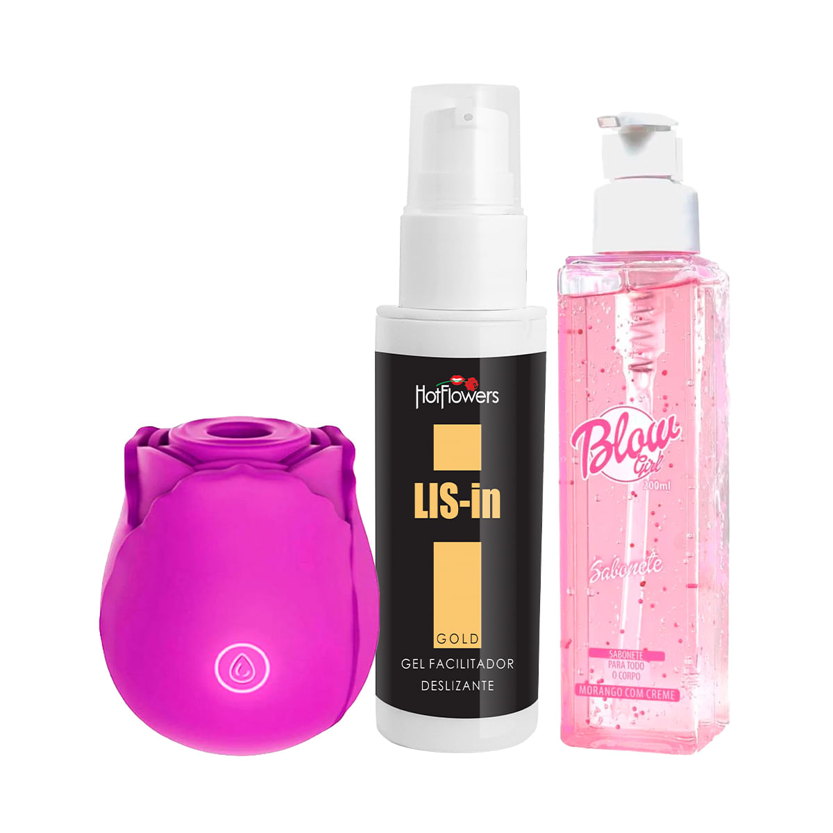 Kit com Estimulador de Clitóris em Formato de Rosa Blow Girl Sabonete Líquido e LIS-In