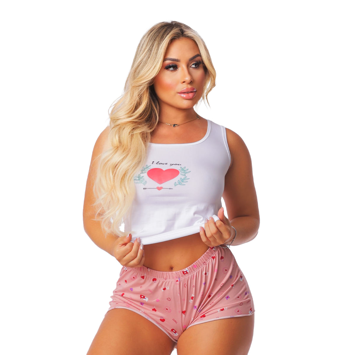 Pijama Feminino Shorts e Camiseta com Manga Curta Estampado Hot Love