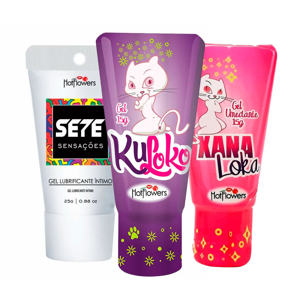 Kit com Xana Loka Excitante Kuloko Dessensibilizante Anal e Sete Sensações Lubrificante