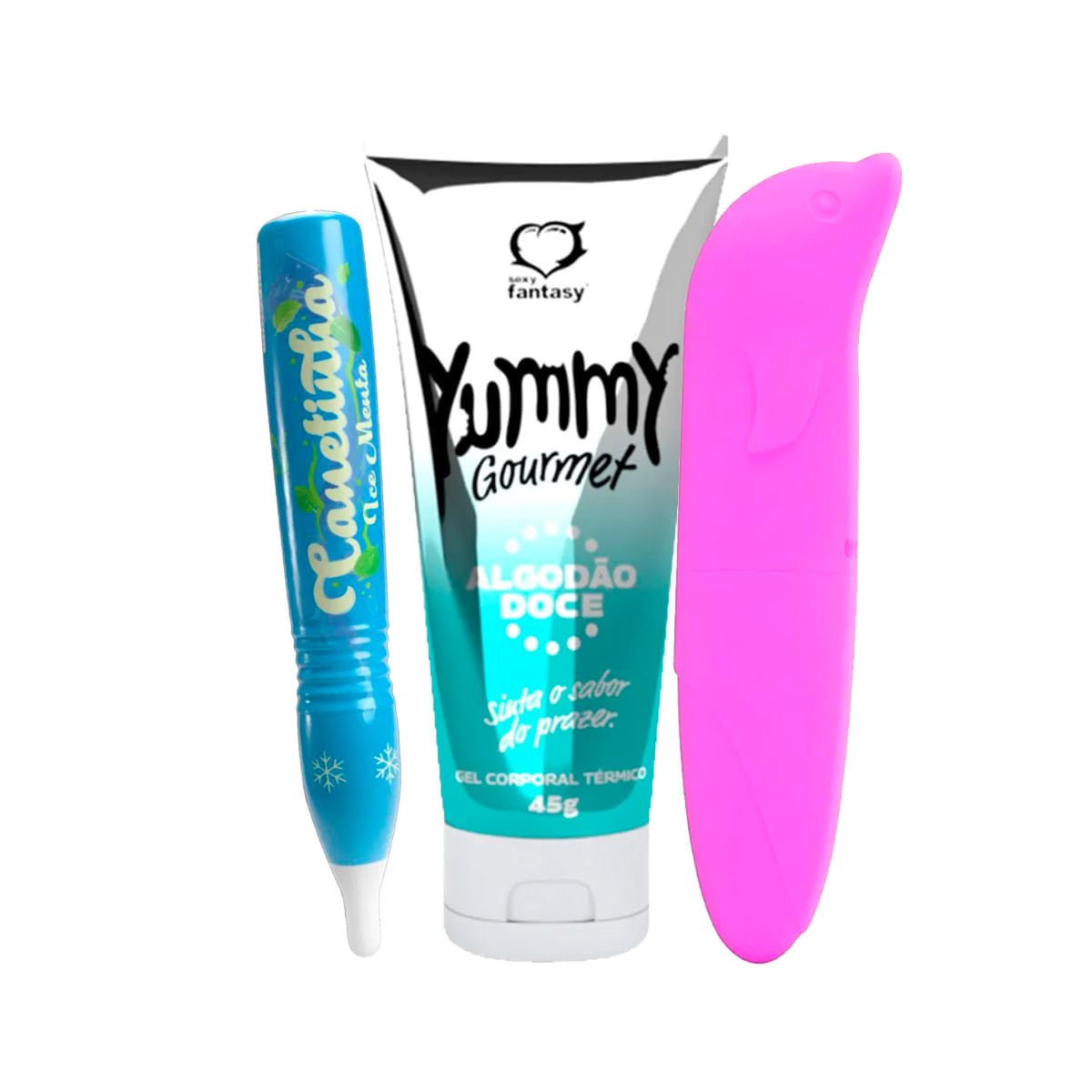 Kit com Yummy Gourmet Hot Vibrador Ponto G Aveludado de Golfinho e Canetinha Comestível Ice Menta