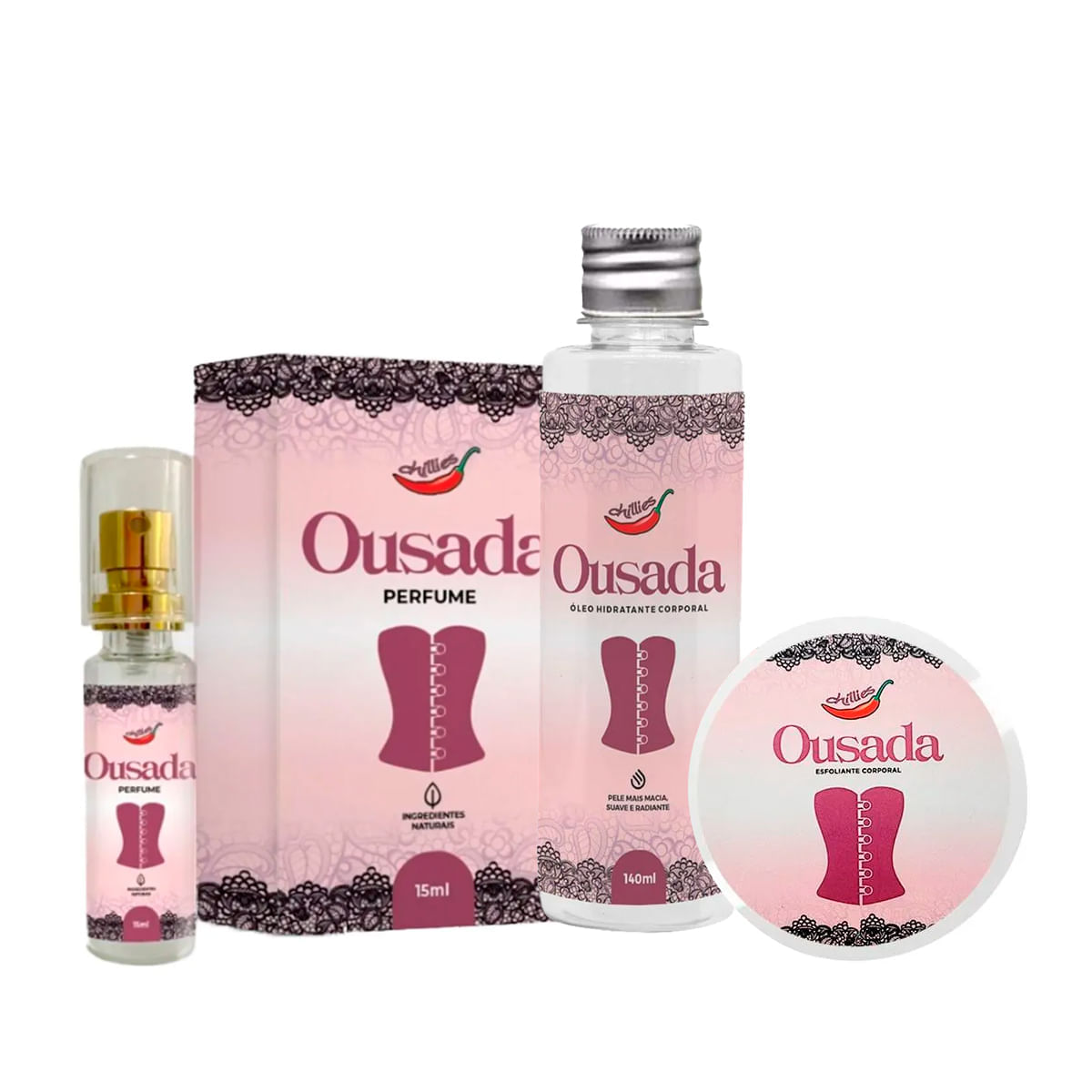 Kit Ousada com Óleo Hidratante Corporal Esfoliante Corporal e Perfume Feminino