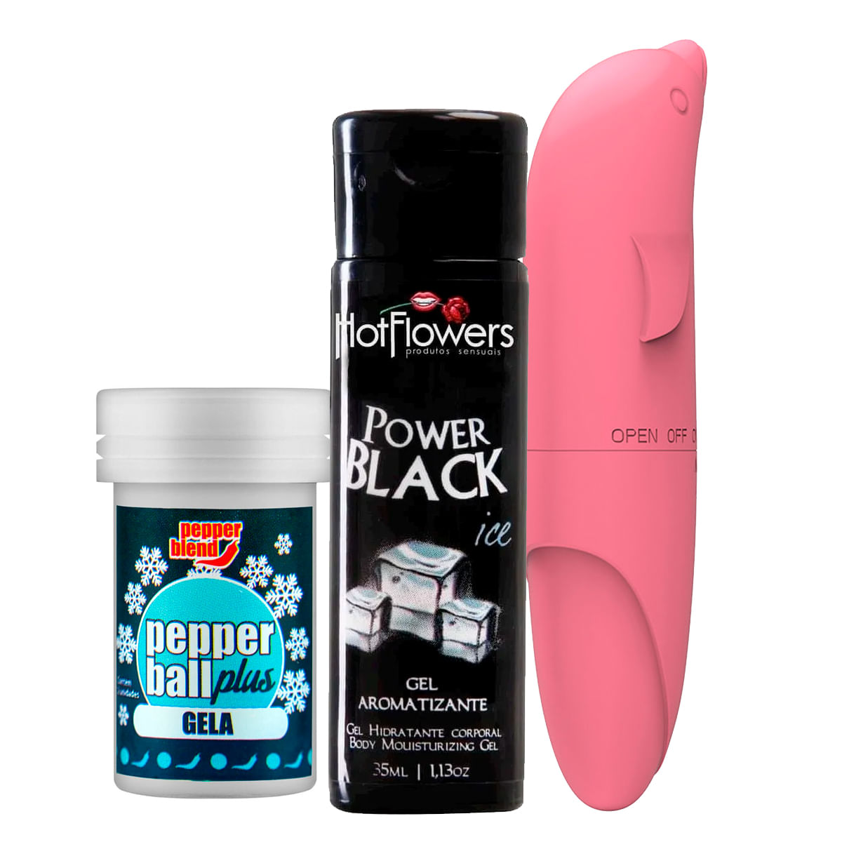 Kit com Pepper Ball Plus Esfria Power Black Ice Gel e Vibrador Ponto G em Formato de Golfinho