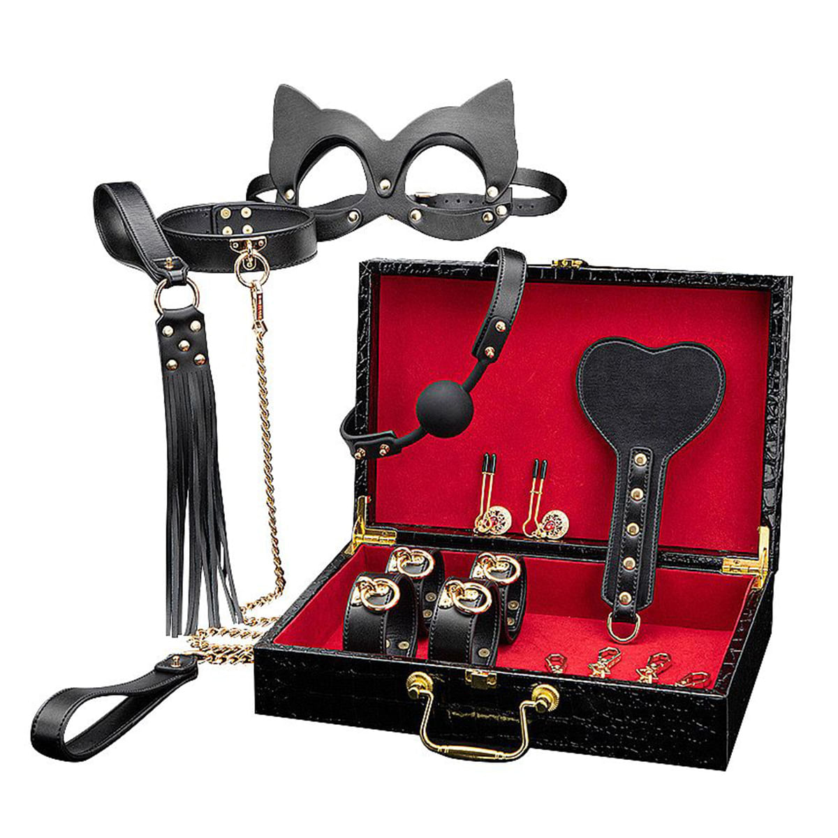 Kit Maleta Sado de Luxo com Algema Tornozeleira Corrente Venda e Chicote Sexy Import