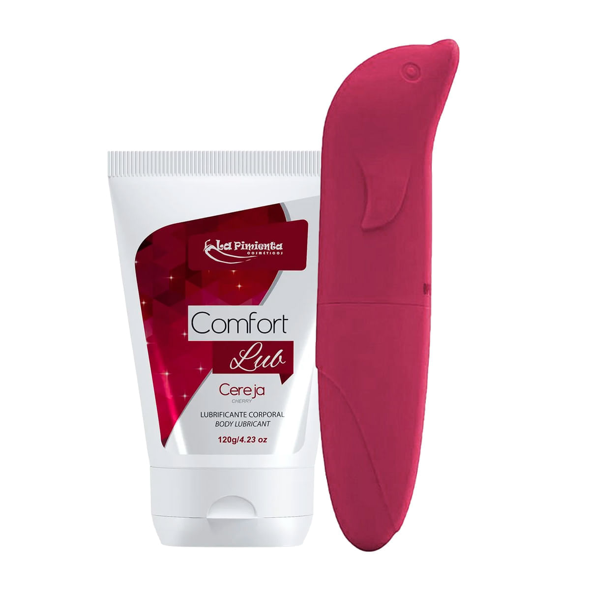 Duplinha com Comfort Lub Lubrificante Beijavel e Vibrador Ponto G Aveludado com Formato Golfinho