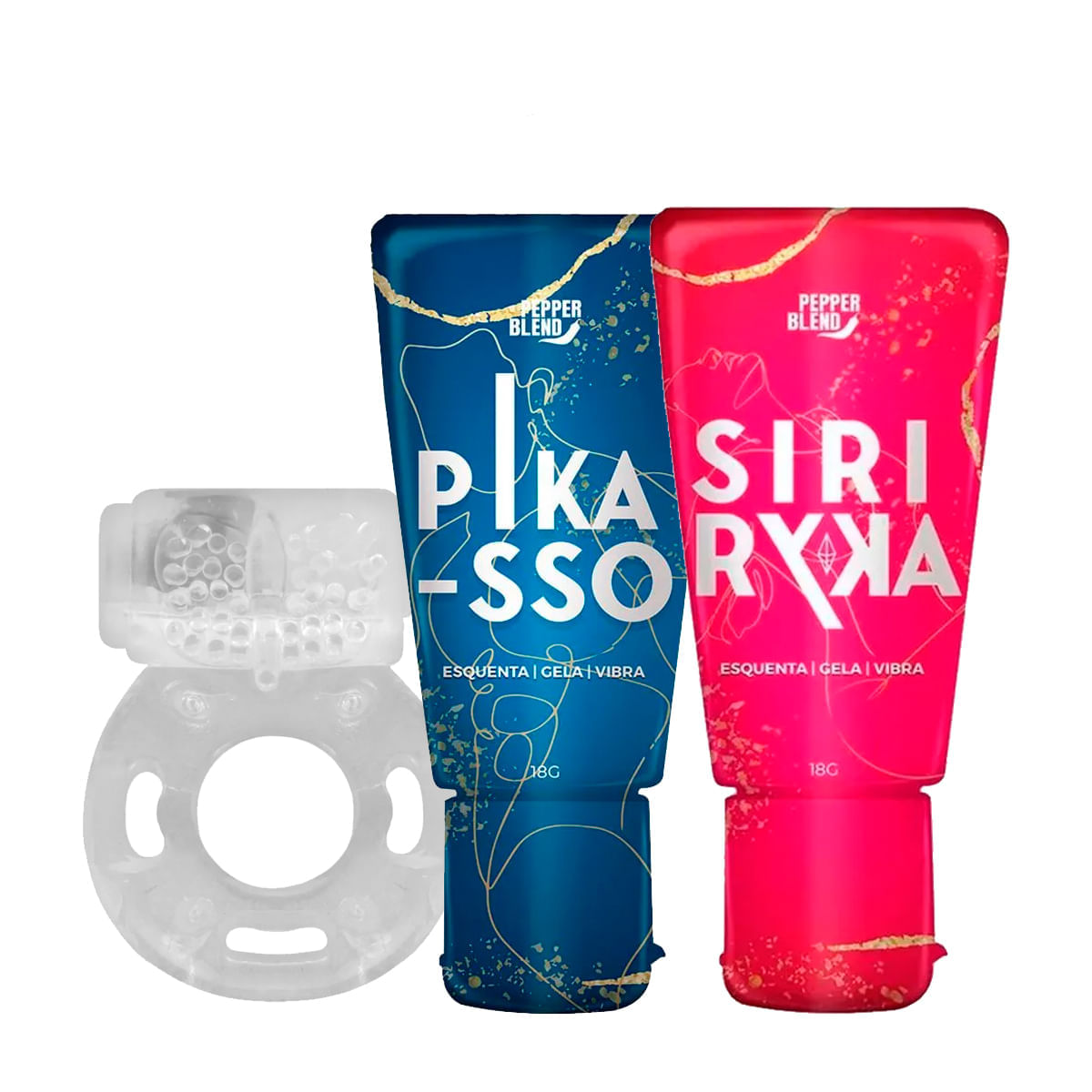 Kit com Gel Pikasso Esquenta Gela e Vibra Anel Peniano Vibrador e Siri Ryka Gel Comestível