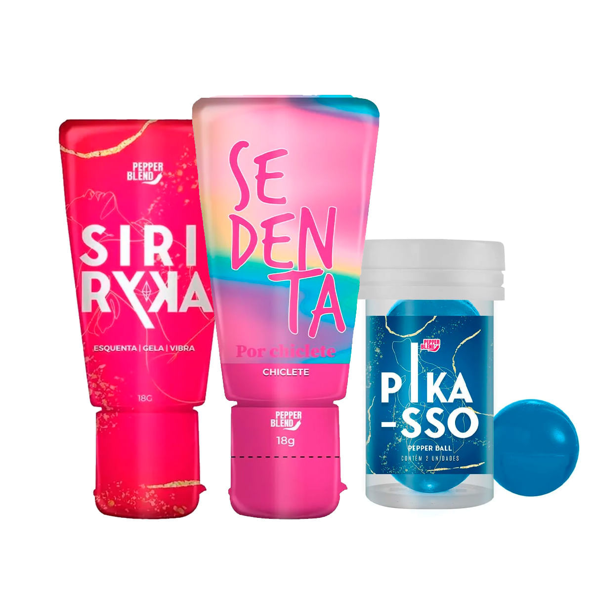 Kit com Sedenta por Chiclete Pepper Ball Pikasso e Siri Ryka Gel Comestível Esquenta Gela e Vibra