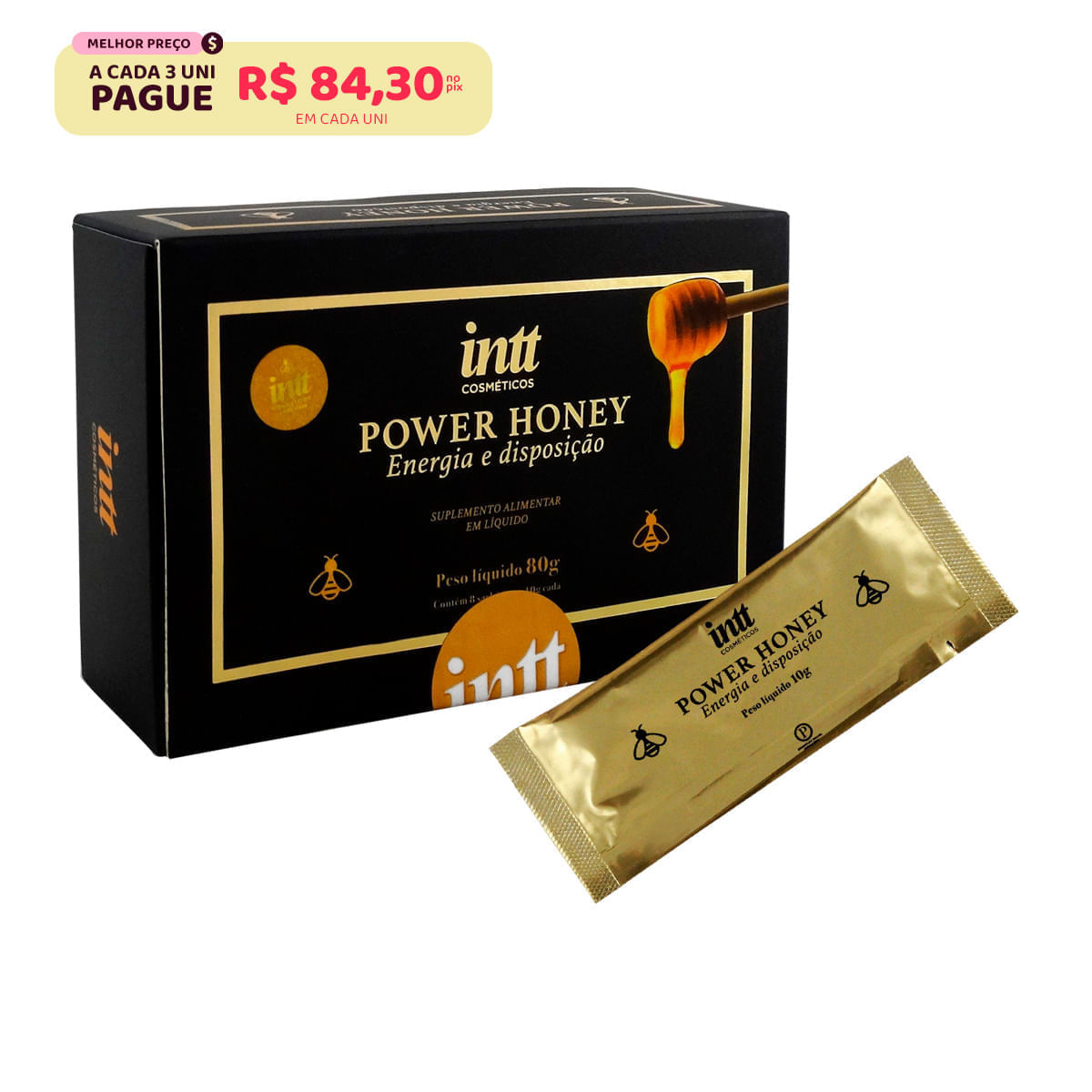 Power Honey Energia e Disposição Suplemento Alimentar Liquido Unissex com 8 Sachês 10g Intt