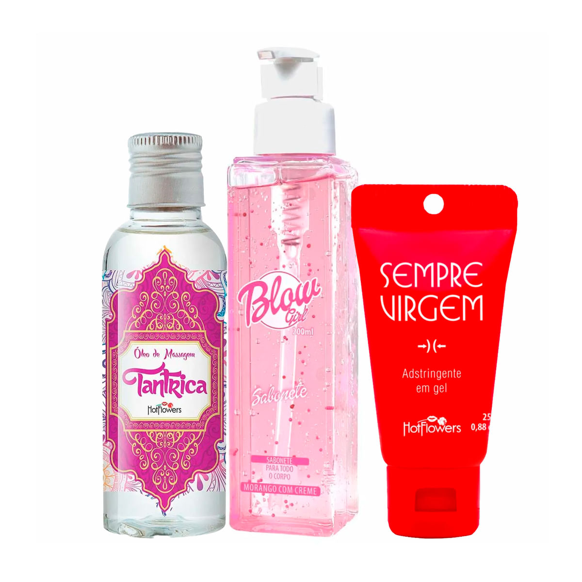 Kit com Blow Girl Sabonete Líquido Tântrica Óleo para Massagem e Gel Adstringente Sempre Virgem