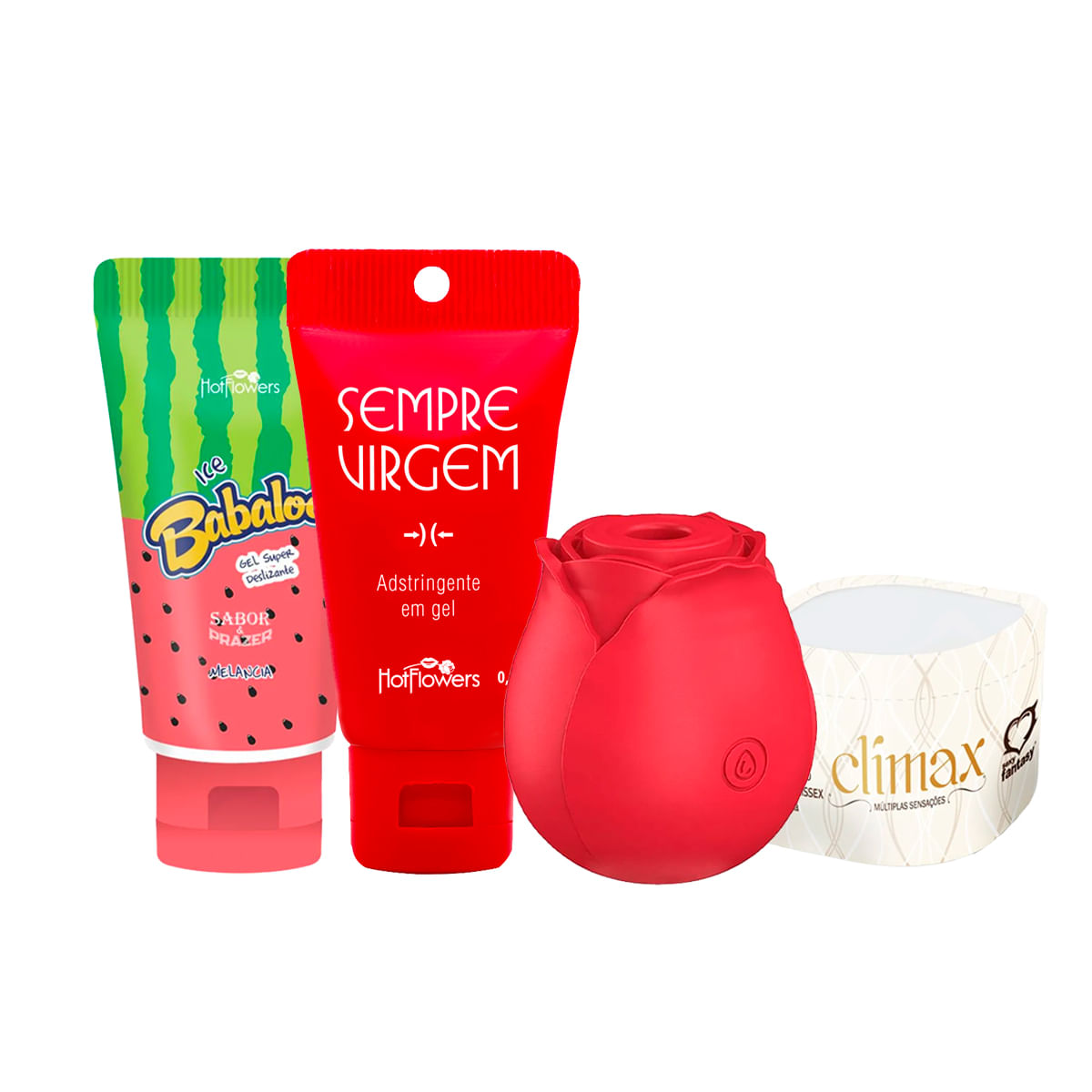 Kit com Gel Adstringente Sempre Virgem Estimulador de Clitóris de Rosa Gel Climax e Gel Babaloo
