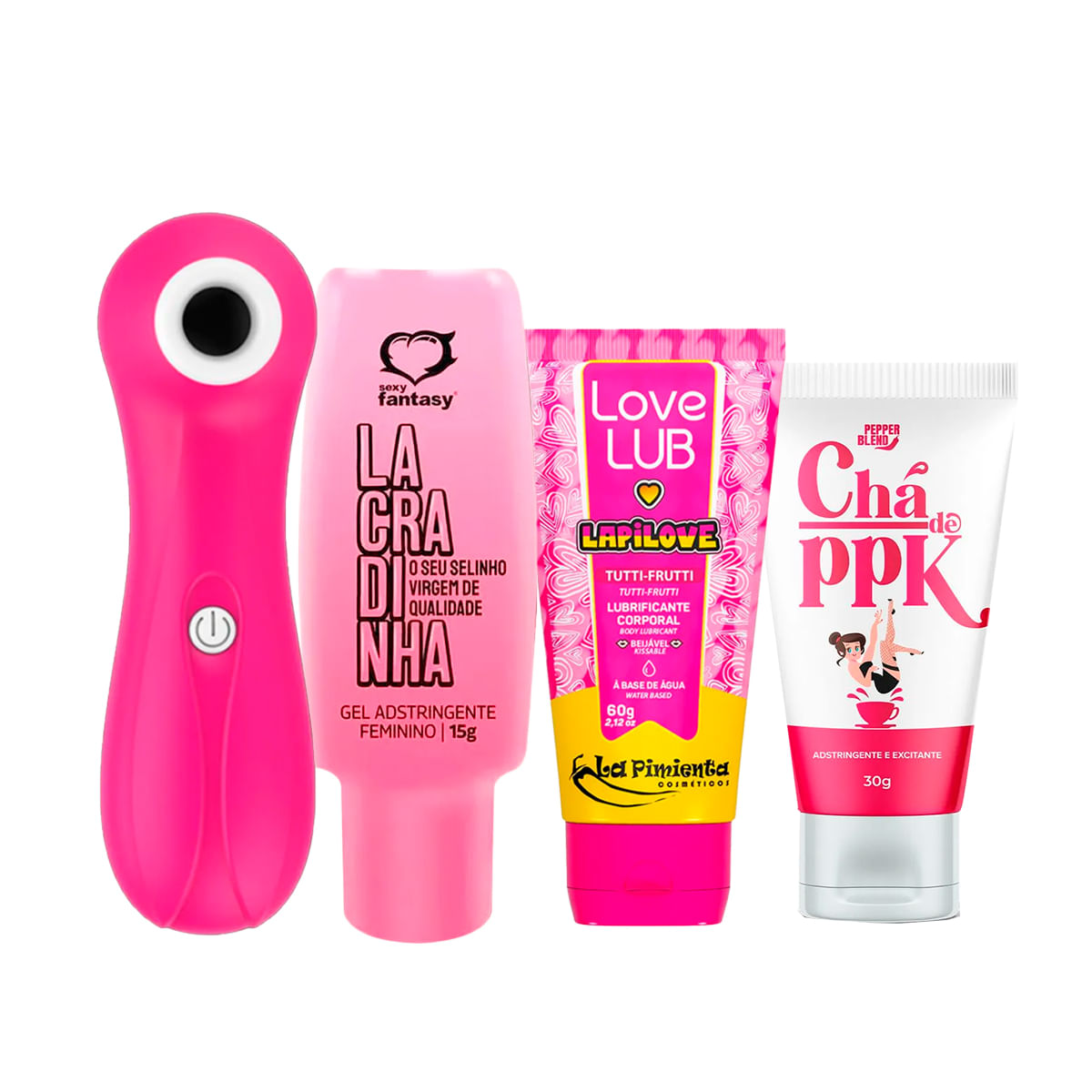 Kit com Gel Adstringente Lacradinha Love Lub LapiLove Chá de PPK e  Excitante Sucking Massage