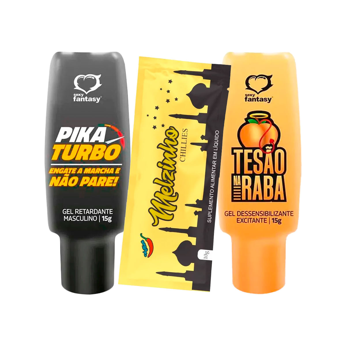 Kit com Melzinho Árabe do Prazer Tesão na Raba Gel Dessensibilizante e Pika Turbo Gel Retardante