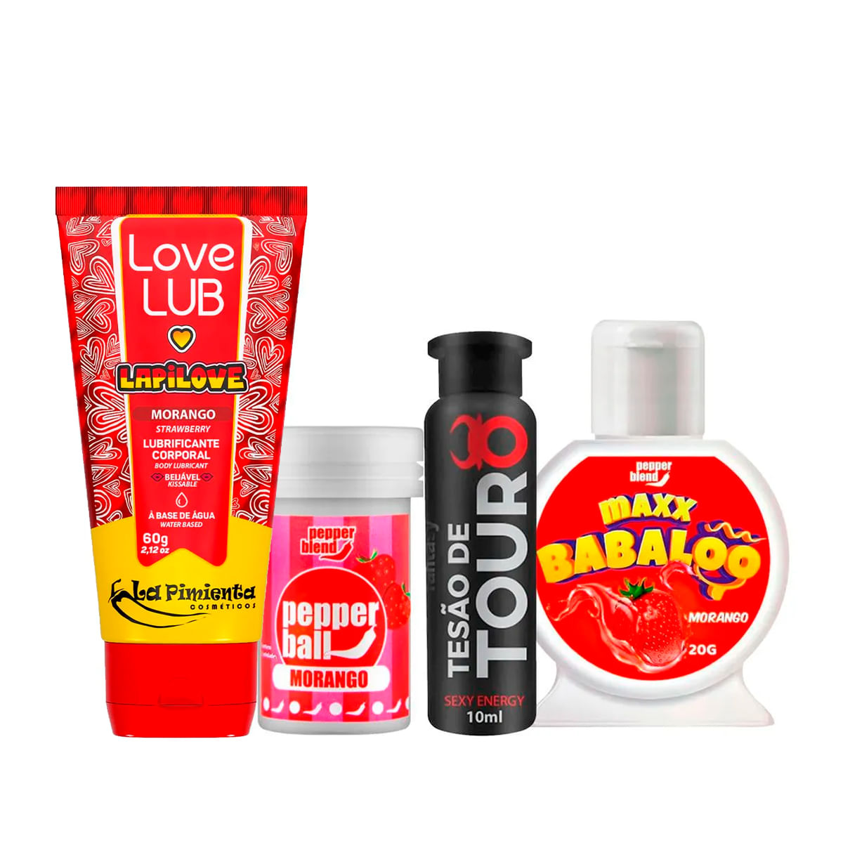 Kit com Love Lub LapiLove Pepper Ball Bolinha Explosiva Maxx Babaloo e Tesão de Touro Afrodisíaco