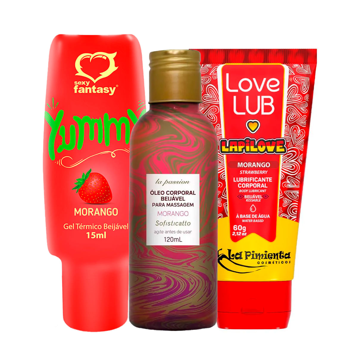Kit com Óleo Corporal Beijável Para Massagem Love Lub LapiLove e Yummy Gel Térmico Beijável