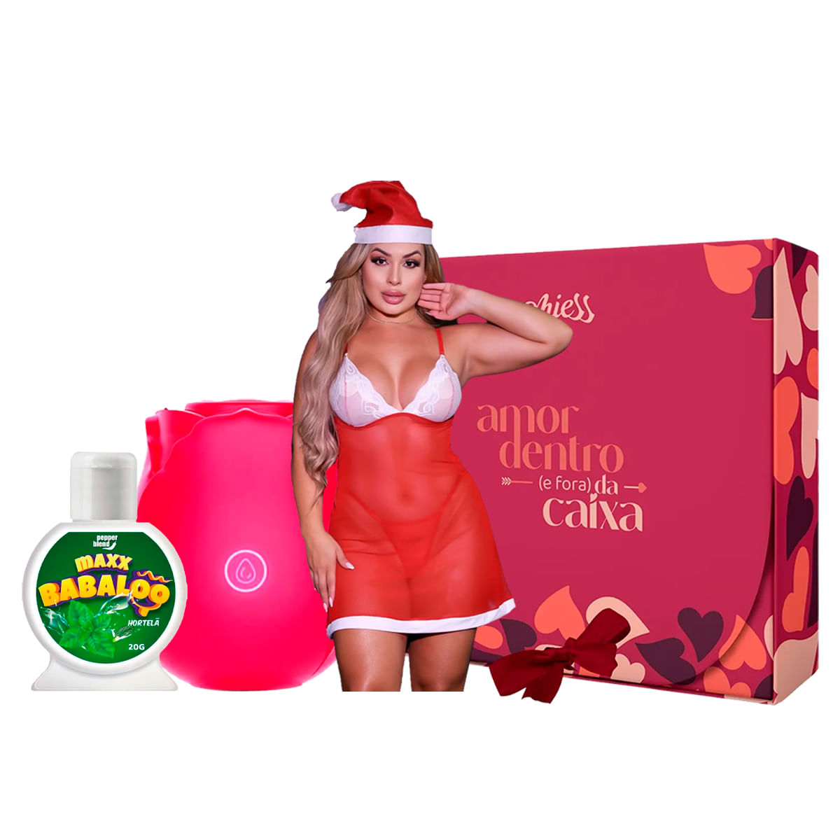 Kit com Fantasia Mamãe Noel Estimulador de Clitóris em Formato de Rosa e Maxx Babaloo