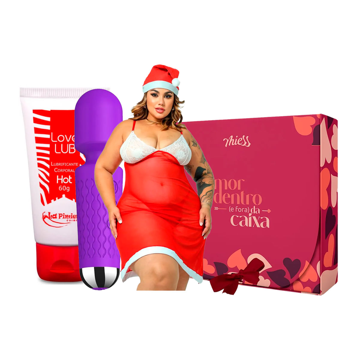 Kit com Camisola Mamãe Noel Plus Size Mini Toy Varinha Mágica e Love Lub Hot Lubrificante Corporal