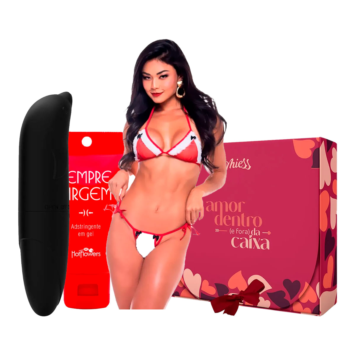 Kit com Fantasia Mini Mamãe Noel Gel Adstringente Sempre Virgem e Vibrador Ponto G de Golfinho