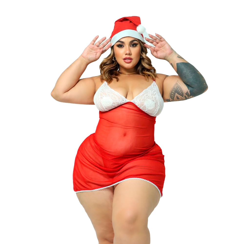 Fantasia Mamãe Noel Lacradora Plus Size com Gorro Hot Love